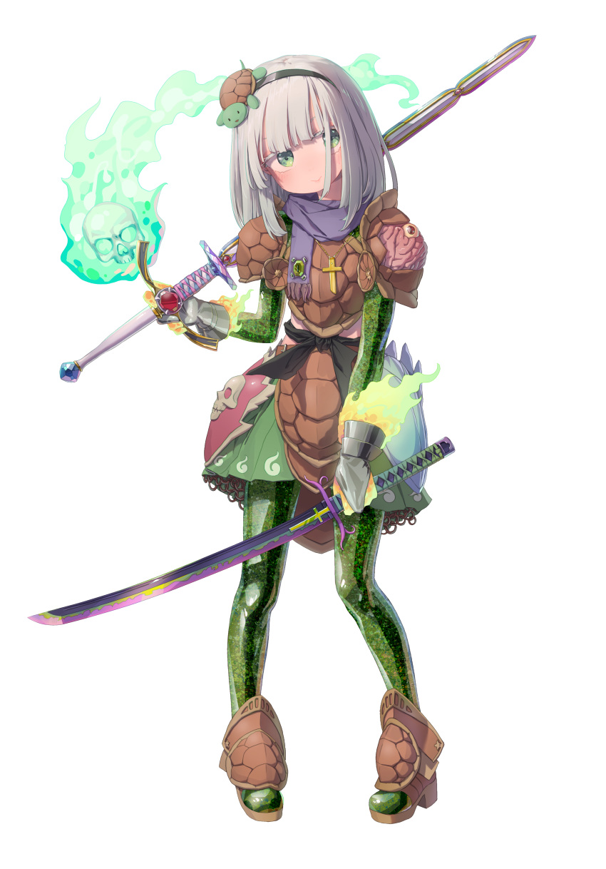 1girl, absurdres, black_hairband, boots, braid, brown_armor, brown_boots, chinese_commentary, closed_mouth, commentary_request, commission, dual_wielding, fire, flaming_skull, floating_skull, full_body, gauntlets, green_eyes, green_fire, green_pantyhose, green_skirt, grey_hair, hair_ornament, hairband, highres, hitodama, hitodama_print, holding, holding_sword, holding_weapon, jewelry, katana, konpaku_youmu, konpaku_youmu_(ghost), long_hair, looking_at_viewer, multiple_swords, necklace, pantyhose, pendant, purple_scarf, scarf, simple_background, skirt, skull, smile, solo, sword, terraria, touhou, turtle_hair_ornament, turtle_shell, variant_set, weapon, white_background, wu_yu_bobosha