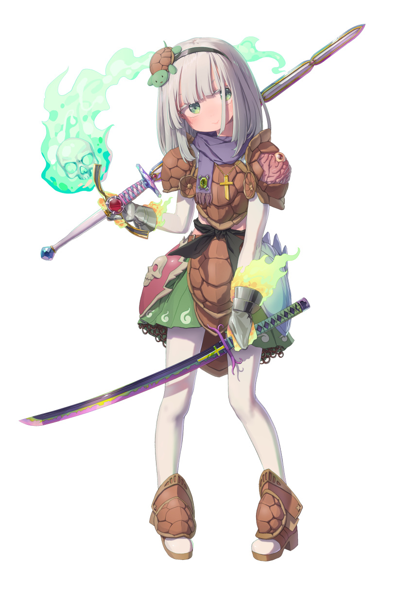 1girl, absurdres, black_hairband, boots, braid, brown_armor, brown_boots, chinese_commentary