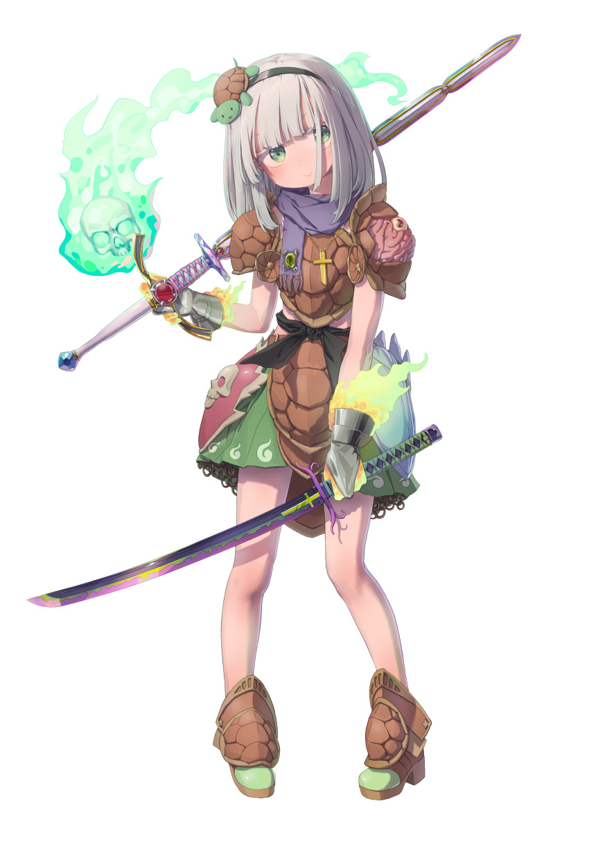 1girl, absurdres, black_hairband, boots, braid, brown_armor, brown_boots, chinese_commentary