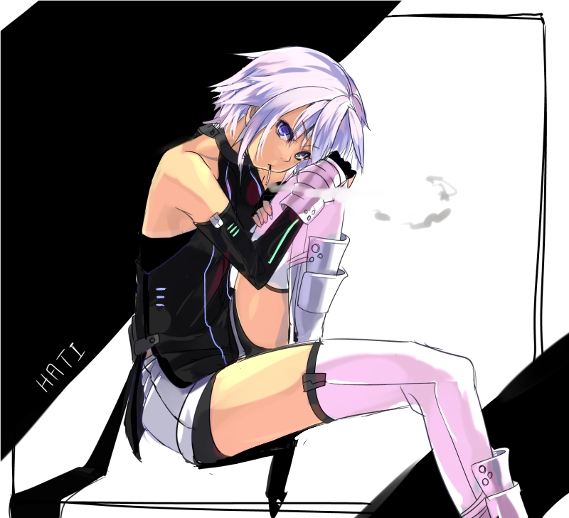 elbow_gloves, gauntlets, gloves, greaves, halterneck, hands_on_knees, hati_(shirow), heterochromia