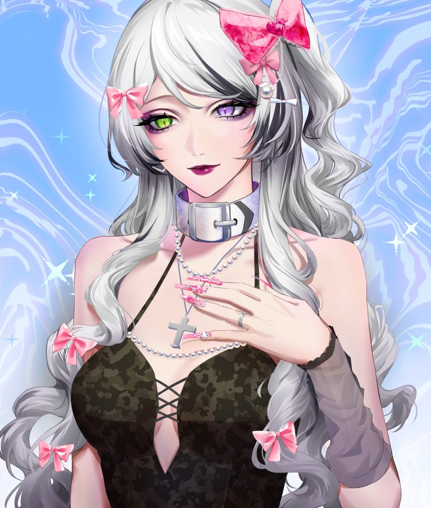 1girl, bare_shoulders, black_hair, black_streaks, bow, camouflage_dress, collar, cross