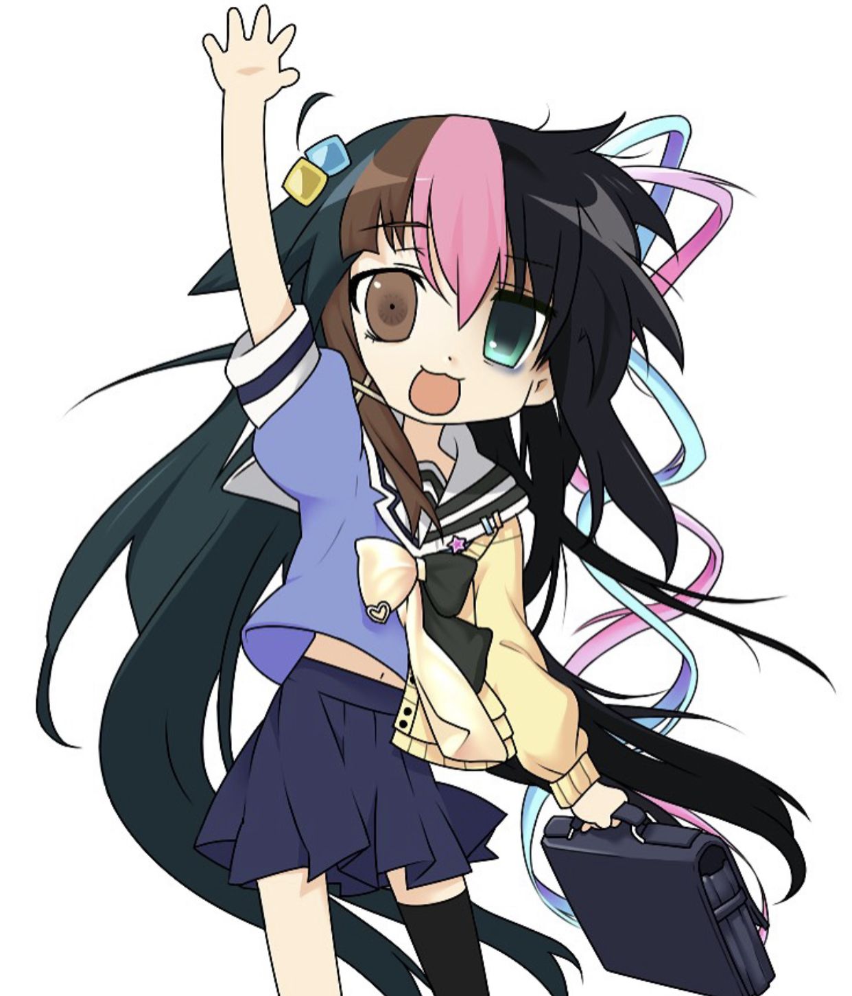 1girl, 9nenn_(kaori), :d, absurdly_long_hair, arm_up, asymmetrical_legwear, asymmetrical_sleeves, bag