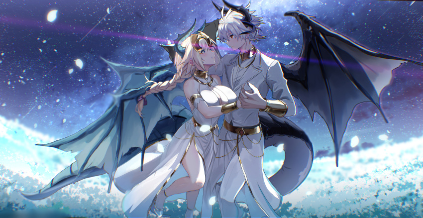 1boy, 1girl, absurdres, armlet, belt, blonde_hair, blue_flower, blush