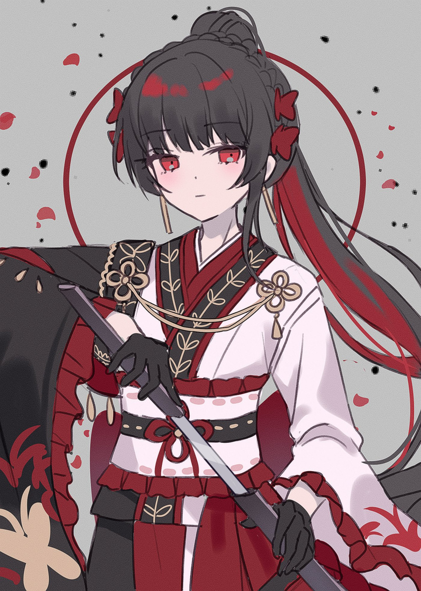 1girl, braid, frilled_sleeves, frills, highres, hime_cut, holding, holding_sword