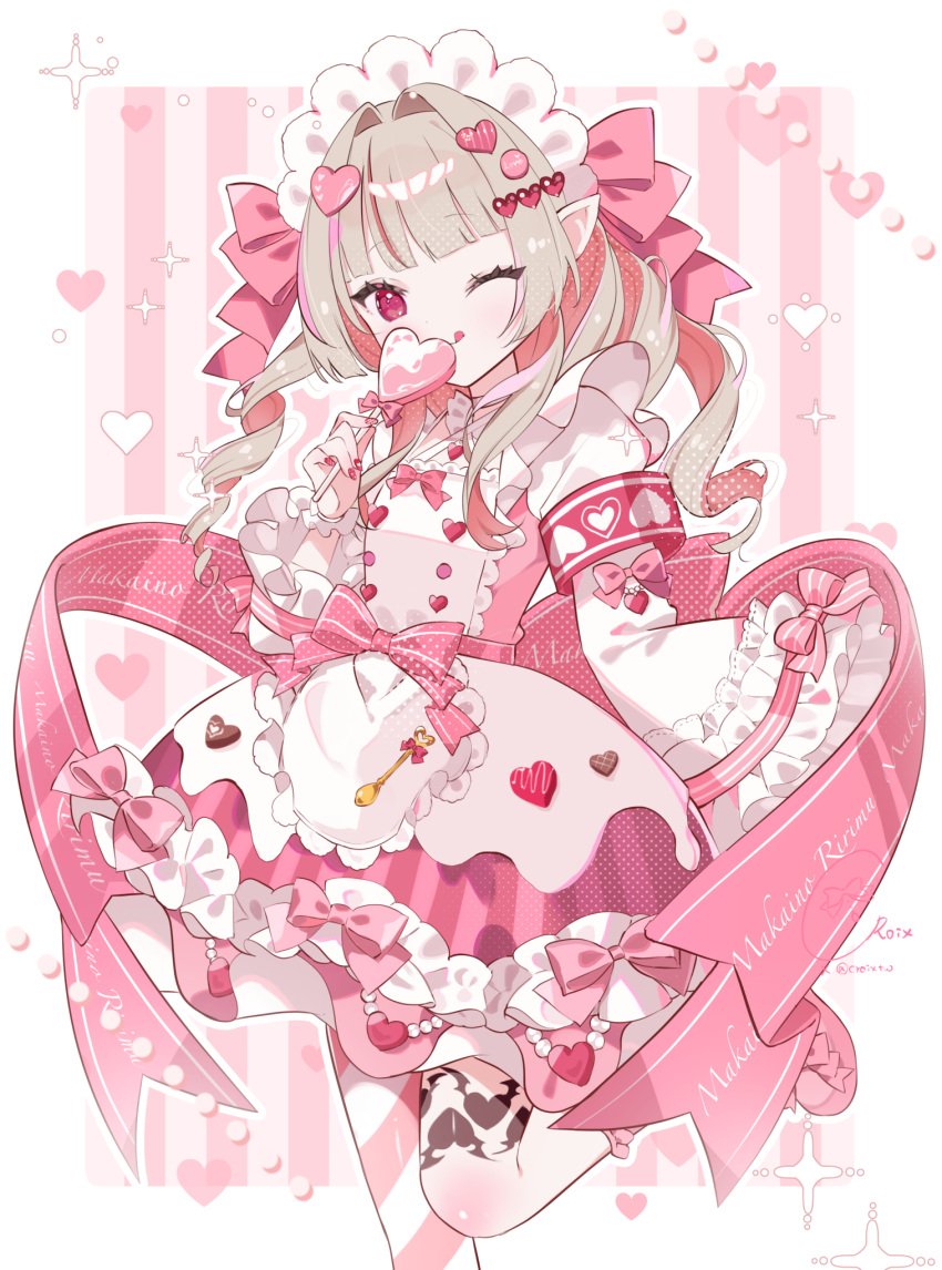 1girl, ;q, armband, blunt_bangs, border, candy, closed_mouth, commentary_request