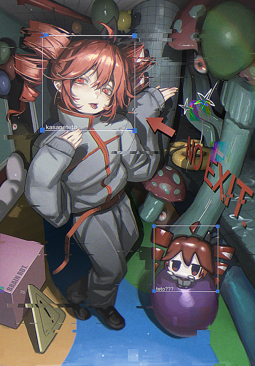 1girl, black_shoes, blush, brain_rot_(synthesizer_v), closed_mouth, commentary, drill_hair, english_commentary