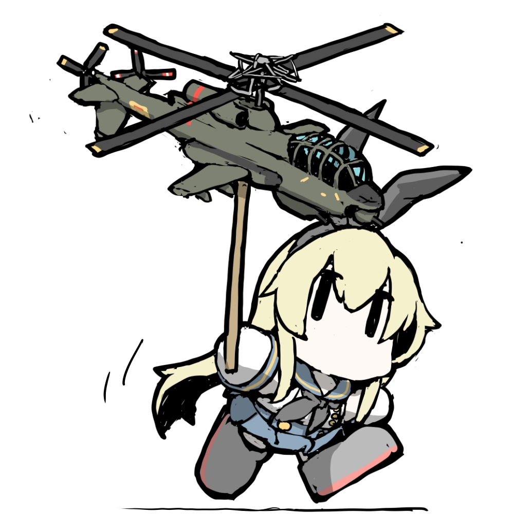 ah-56_cheyenne, aircraft, airplane, anchor_hair_ornament, black_hairband, black_neckerchief, blonde_hair, blue_sailor_collar, blue_skirt, chibi, chibi_only, commentary_request, crop_top, elbow_gloves, gloves, grey_eyes, hair_ornament, hairband, helicopter, kantai_collection, long_hair, microskirt, miniskirt, neckerchief, no_mouth, pleated_skirt, running, sailor_collar, shimakaze_(kancolle), shirt, simple_background, skirt, sleeveless, sleeveless_shirt, task_(s_task80), white_background, white_gloves