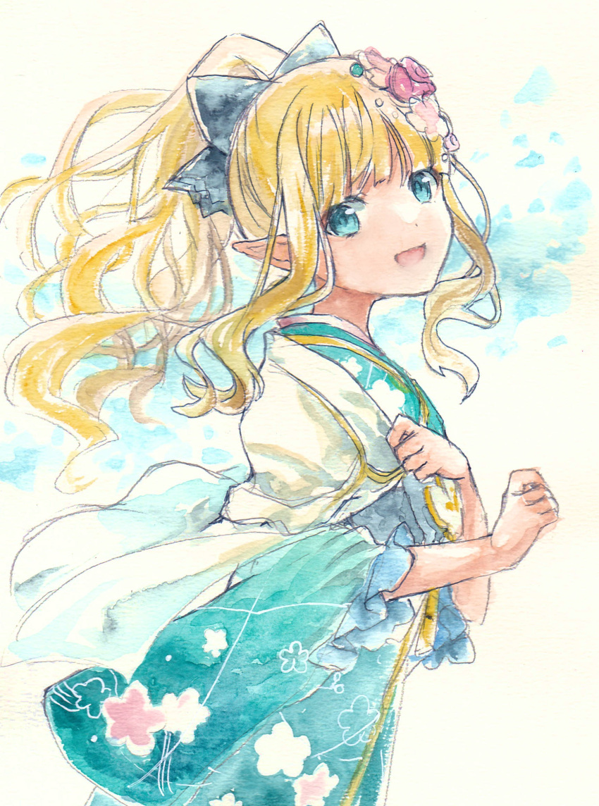 1girl, :d, black_bow, blonde_hair, blue_eyes, blue_kimono, blush, bow