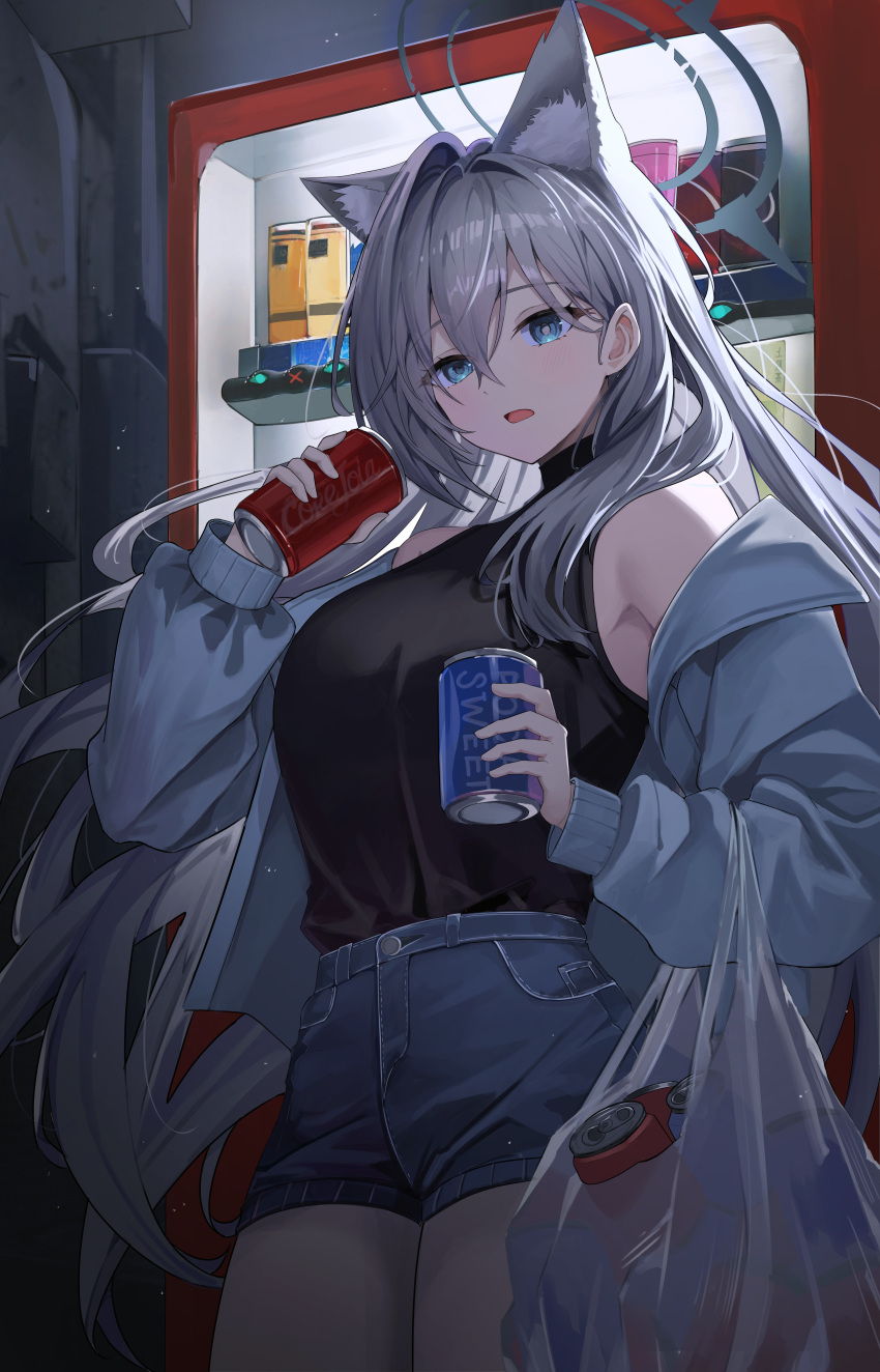 1girl, absurdres, alternate_costume, animal_ear_fluff, animal_ears, bag, black_shirt, blue_archive, blue_eyes, blue_halo, blue_jacket, breasts, commentary, denim, denim_shorts, drink, extra_ears, grey_hair, hair_between_eyes, halo, highres, holding, holding_bag, holding_drink, jacket, kkubuk92, large_breasts, long_hair, looking_at_viewer, open_clothes, open_jacket, plastic_bag, shiroko_terror_(blue_archive), shirt, short_shorts, shorts, sleeveless, sleeveless_turtleneck, solo, turtleneck, turtleneck_shirt, very_long_hair, wolf_ears, wolf_girl