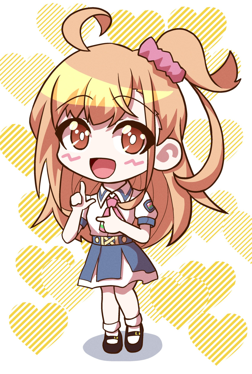 1girl, :d, absurdres, ahoge, black_shoes, blue_skirt, blurry, blurry_background
