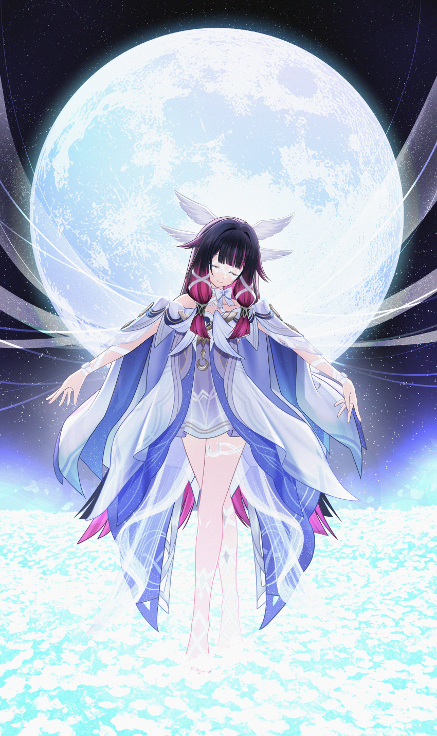 1girl, absurdres, black_hair, bow, bowtie, closed_eyes, closed_mouth, columbina_(genshin_impact)