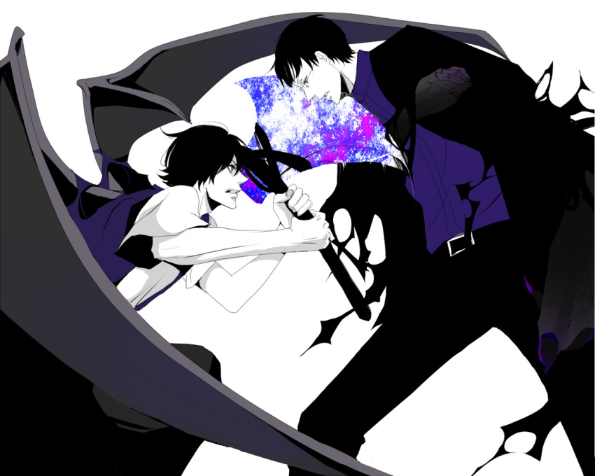 2boys, black_hair, hino_eiji, kamen_rider, kamen_rider_ooo_(series), kiyoto_maki, lock-a, maki_kiyoto, male, purple_eyes, simple_background, violet_eyes, weapon, wings