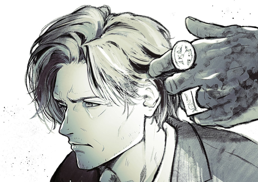 2boys, bags_under_eyes, beard_stubble, canon_event, commentary_request, corruption, facial_hair, leon_s._kennedy
