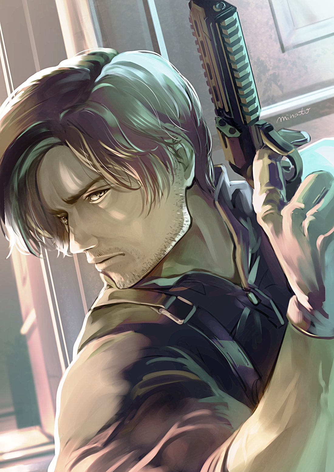 1boy, beard_stubble, blonde_hair, blue_shirt, chest_holster, collared_shirt, commentary, facial_hair