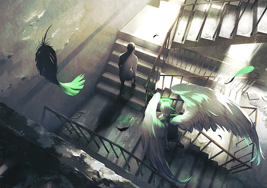 2boys, blonde_hair, commentary_request, falling_feathers, feathered_wings, feathers, from_above, full_body