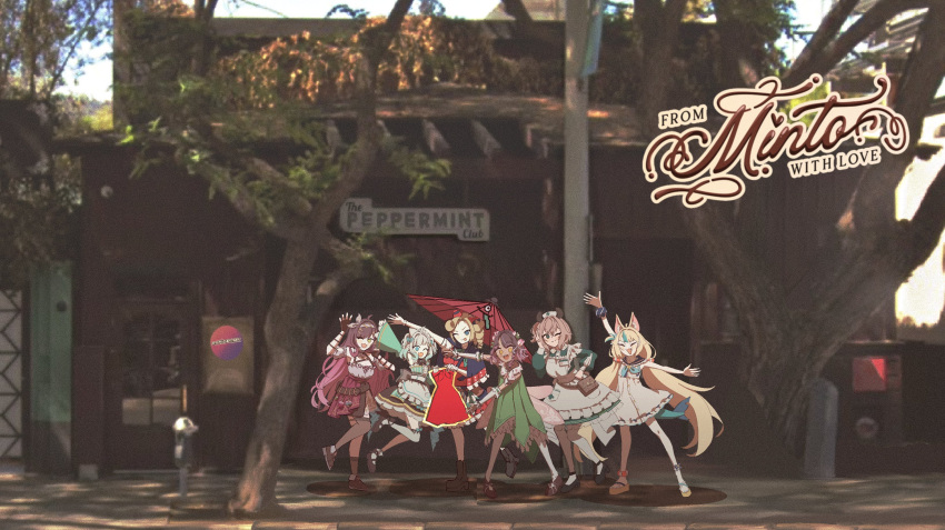 6+girls, absurdres, brown_hair, buruhas, commentary, detachable_head, drill_hair, drill_ponytail