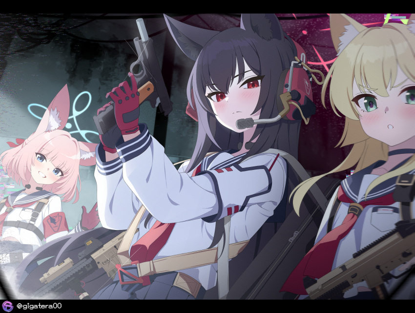 1911, 3girls, animal_ear_fluff, animal_ears, aqua_eyes, black_hair, blonde_hair, blue_archive