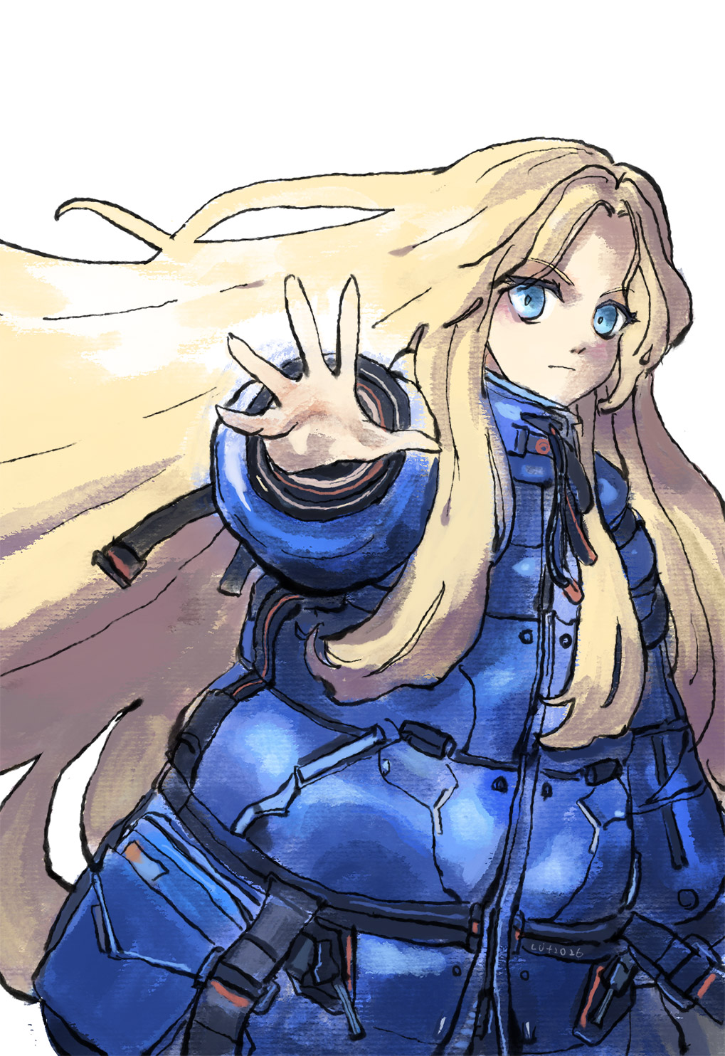1girl, blonde_hair, blue_coat, blue_eyes, capoeira66, closed_mouth, coat, commentary