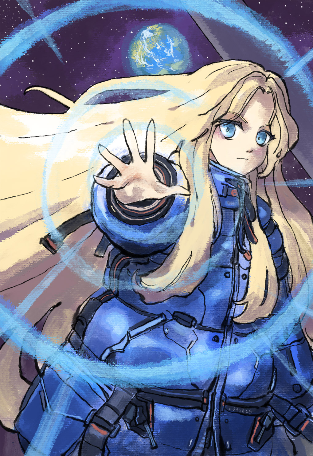 1girl, blonde_hair, blue_coat, blue_eyes, capoeira66, closed_mouth, coat, commentary, diana_(pragmata), earth_(planet), highres, long_hair, long_sleeves, looking_at_viewer, open_hand, outstretched_arm, padded_coat, painting_(medium), planet, pragmata, puffy_coat, puffy_long_sleeves, puffy_sleeves, solo, space, traditional_media, upper_body, very_long_hair, watercolor_(medium)