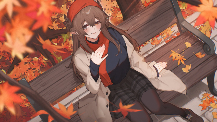 1girl, autumn_leaves, bench, bird_girl, blue_sweater, brown_coat, brown_feathers, brown_hair