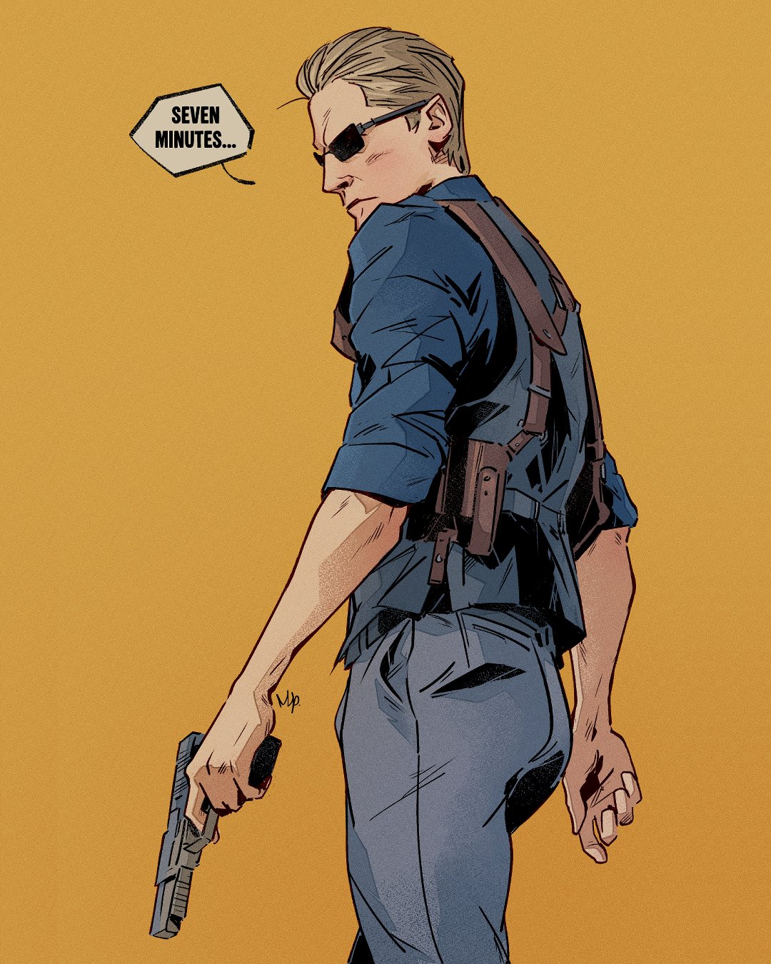 1boy, albert_wesker, blonde_hair, blue_shirt, chest_holster, collared_shirt, commentary, cowboy_shot, english_commentary, gun, hair_slicked_back, handgun, highres, holding, holding_gun, holding_weapon, looking_at_viewer, looking_back, male_focus, mimmuart, muscular, muscular_male, resident_evil, resident_evil_5, shirt, simple_background, sleeves_rolled_up, solo, source_quote, sunglasses, walking, weapon, yellow_background