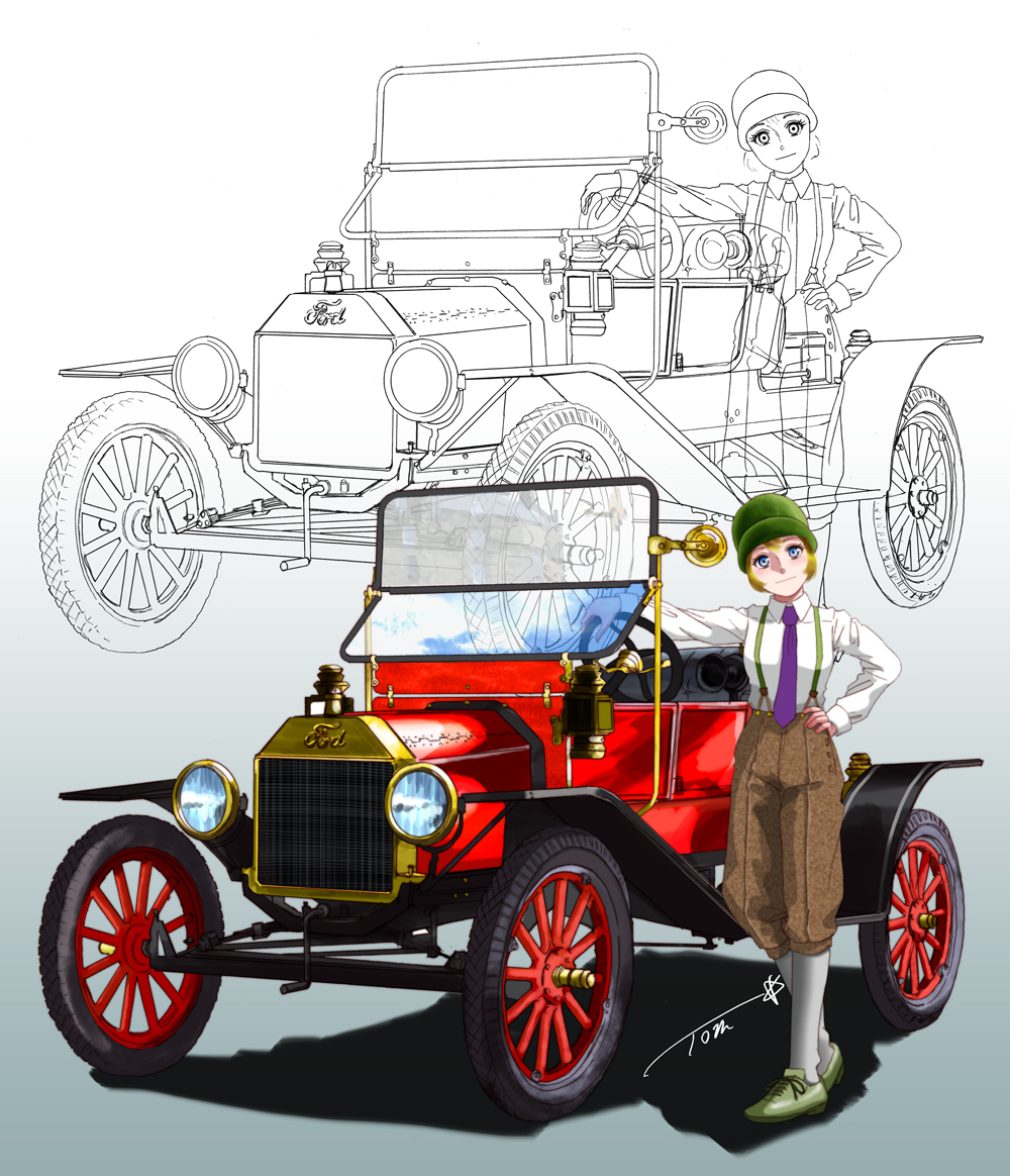 1girl, blonde_hair, blue_eyes, blue_necktie, brown_pants, car, chutohampa, closed_mouth