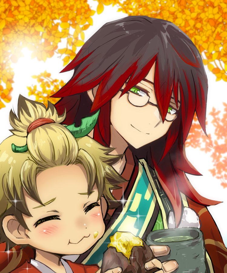 2boys, blonde_hair, brown_hair, child, food, gradient_hair, green_eyes, green_robe