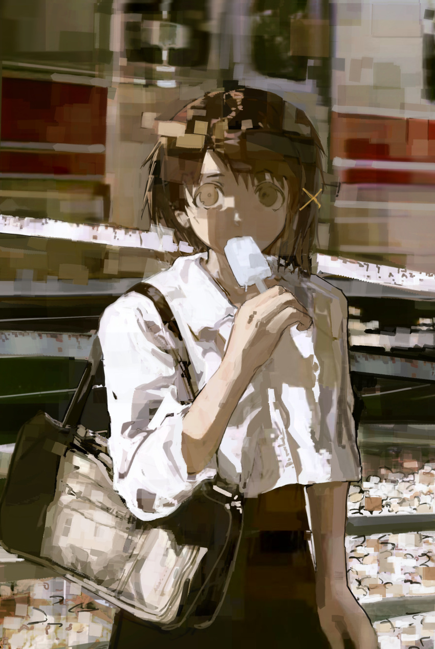 1girl, absurdres, arm_at_side, asymmetrical_hair, bag, black_bag, blywkissy2, brown_eyes