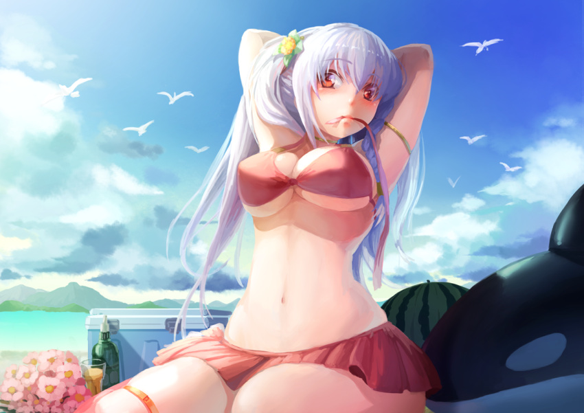 animal, armband, arms_behind_head, arms_up, bad_id, bikini, bikini_skirt, bird