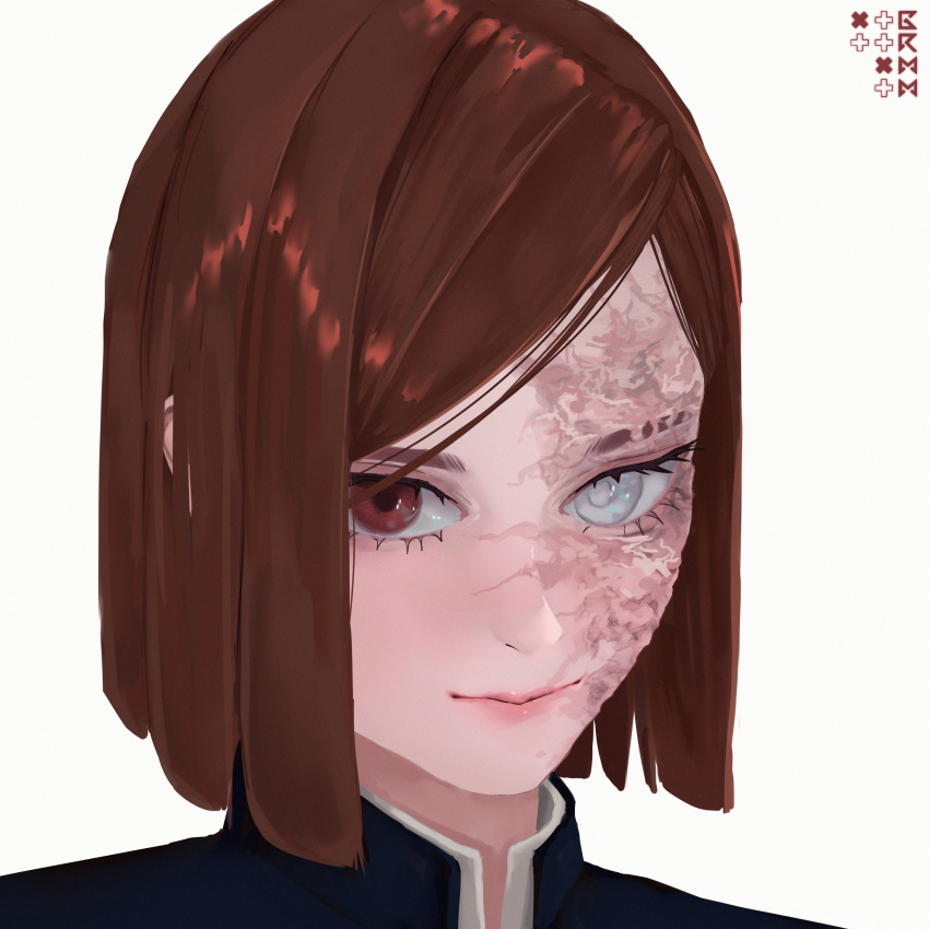 1girl, absurdres, blind_eye, brown_eyes, english_commentary, grmm, heterochromia, highres