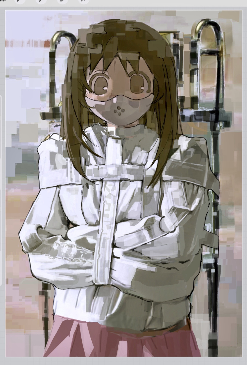 1girl, azumanga_daioh, blywkissy2, bound, bound_arms, brown_eyes, brown_hair, chinese_commentary, commentary_request, cosplay, covered_mouth, distortion, hannibal_lecter, hannibal_lecter_(cosplay), highres, jacket, kasuga_ayumu, long_hair, long_sleeves, looking_at_viewer, muzzle_gag, pink_skirt, restrained, skirt, solo, standing, standing_restraints, straitjacket, upper_body, upright_restraints, white_jacket