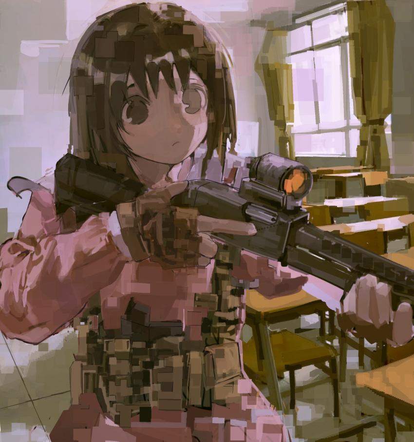 1girl, ammunition_pouch, azumanga_daioh, azumanga_daioh's_school_uniform, blywkissy2, brown_eyes, brown_gloves, brown_hair