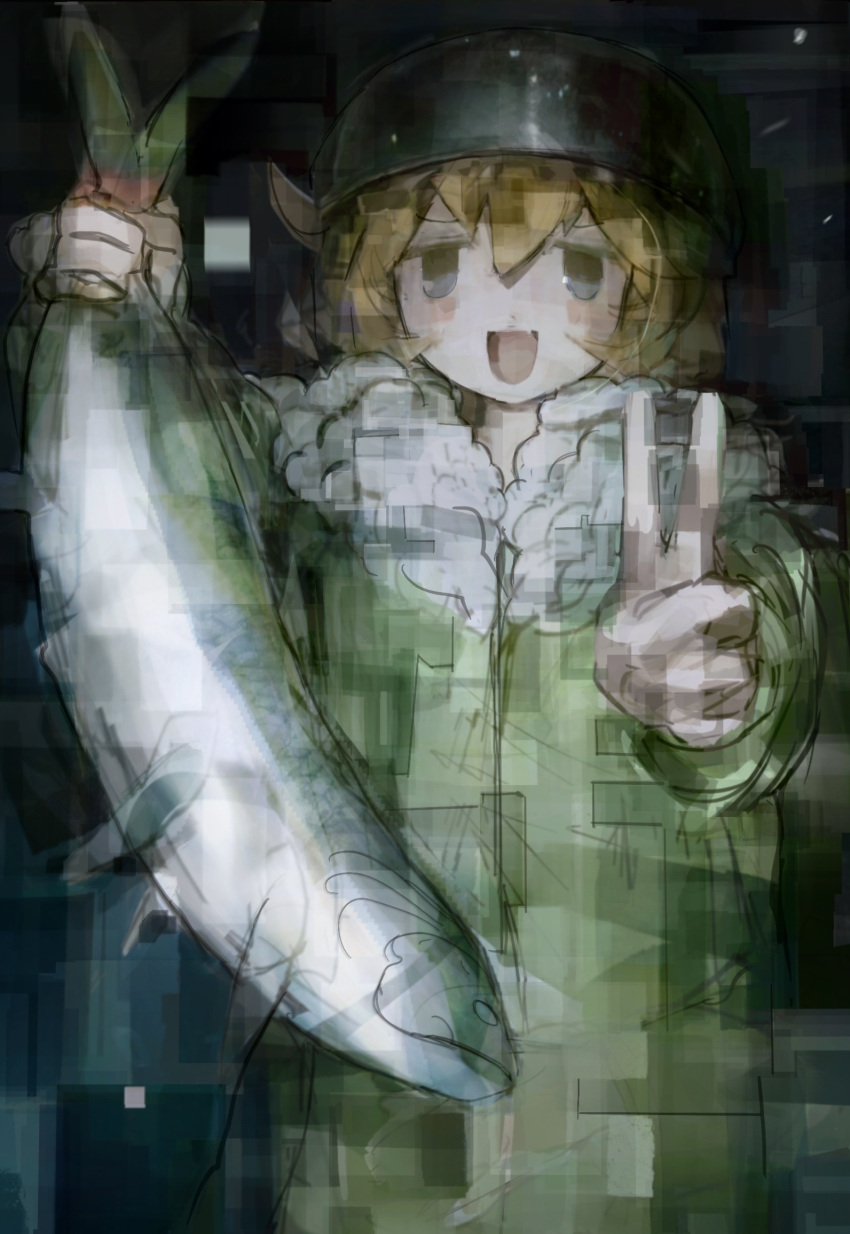 1girl, :d, ahoge, animal, blonde_hair, blue_eyes, blywkissy2, chinese_commentary, coat, combat_helmet, commentary_request, dim_lighting, distortion, fish, fur-trimmed_coat, fur_trim, green_coat, hands_up, helmet, highres, holding, holding_animal, holding_fish, long_hair, long_sleeves, looking_at_viewer, military_uniform, shoujo_shuumatsu_ryokou, smile, solo, stahlhelm, standing, upper_body, v, yuuri_(shoujo_shuumatsu_ryokou)