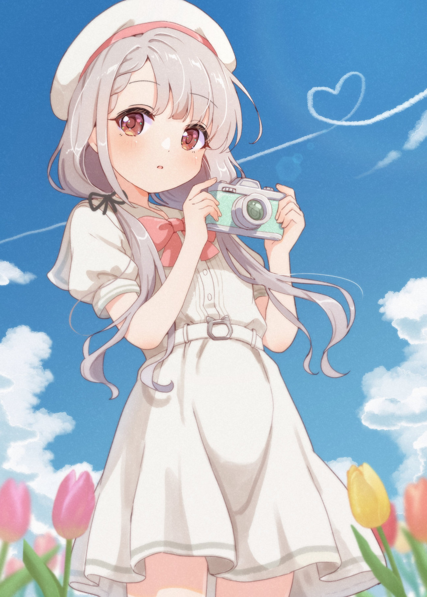 1girl, absurdres, black_ribbon, blue_sky, bow, bowtie, braid, brown_eyes