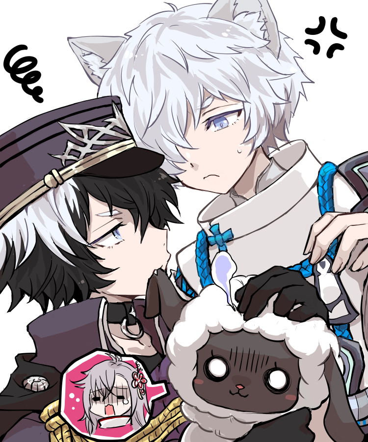 1girl, 2boys, animal_ears, black_hair, brothers, fubuki_(rune_factory), hair_between_eyes, hair_over_one_eye