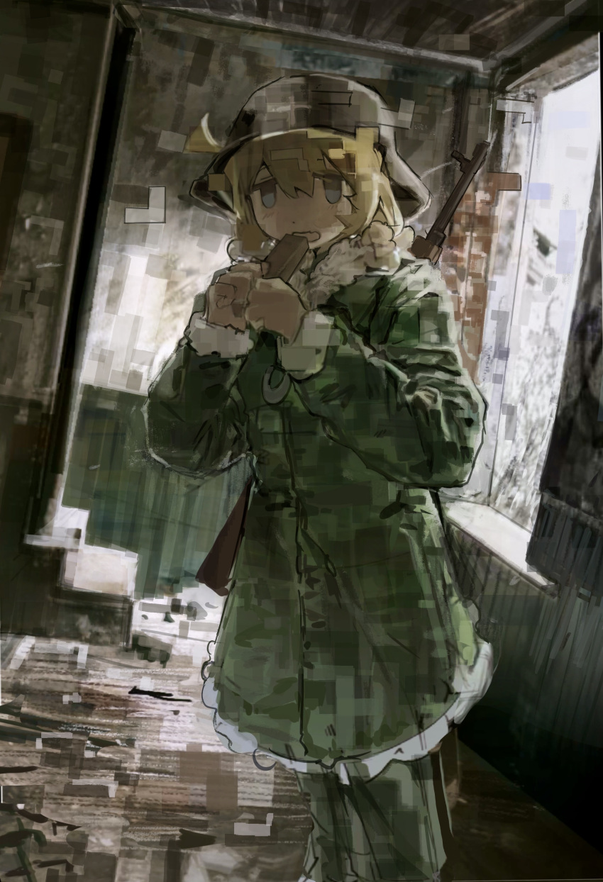 1girl, absurdres, ahoge, blonde_hair, blue_eyes, blywkissy2, chinese_commentary, coat, combat_helmet, commentary_request, distortion, dot_nose, eating, feet_out_of_frame, food, full_body, fur-trimmed_coat, fur_trim, green_coat, green_pants, gun, gun_on_back, hands_up, helmet, highres, holding, holding_food, indoors, long_hair, long_sleeves, looking_at_viewer, military_uniform, open_mouth, pants, rifle, shoujo_shuumatsu_ryokou, solo, stahlhelm, standing, weapon, weapon_on_back, yuuri_(shoujo_shuumatsu_ryokou)