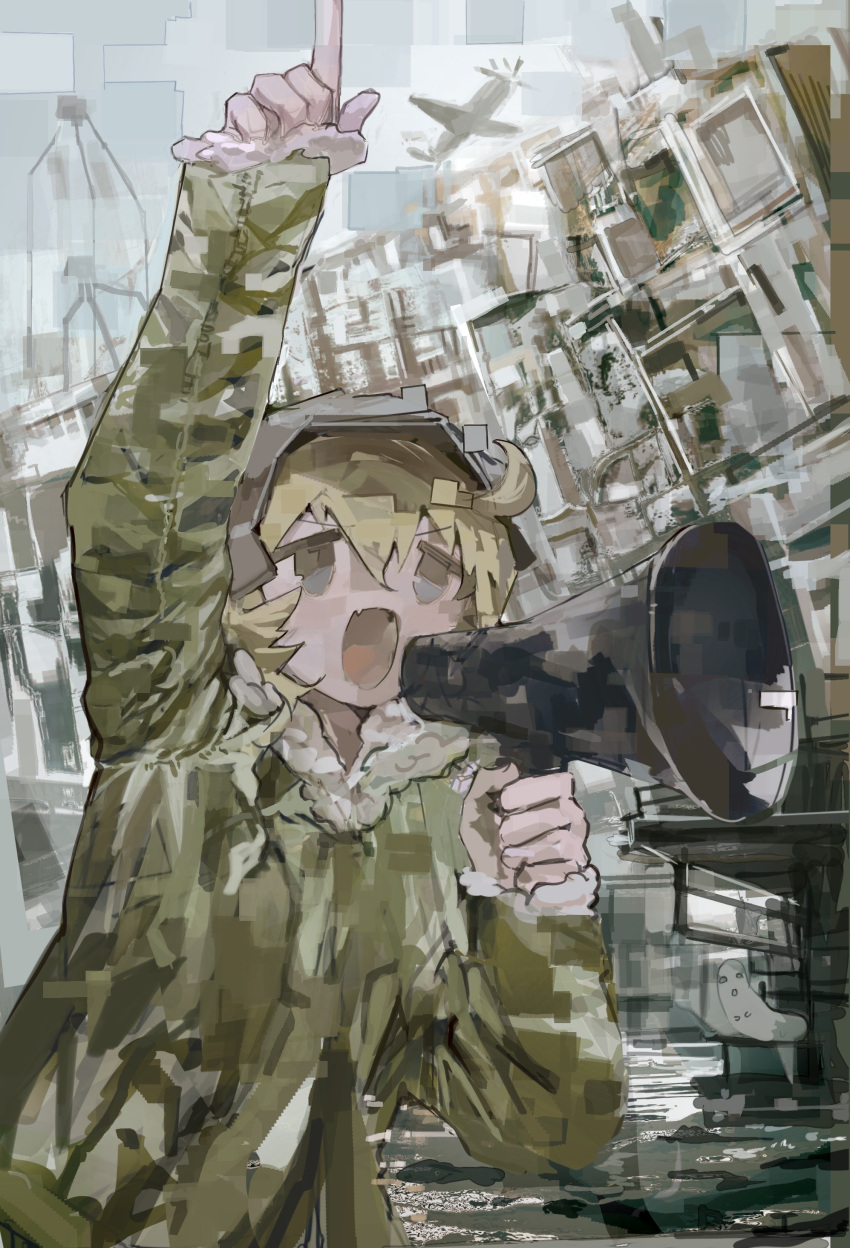 1girl, :d, absurdres, ahoge, aircraft, airplane, arm_up, blonde_hair, blue_eyes, blywkissy2, chinese_commentary, clothing_request, coat, commentary_request, distortion, fur-trimmed_coat, fur_trim, green_coat, highres, holding, holding_megaphone, long_hair, long_sleeves, looking_ahead, megaphone, military_uniform, outdoors, pile, pointing, pointing_up, shoujo_shuumatsu_ryokou, smile, solo, standing, upper_body, yuuri_(shoujo_shuumatsu_ryokou)