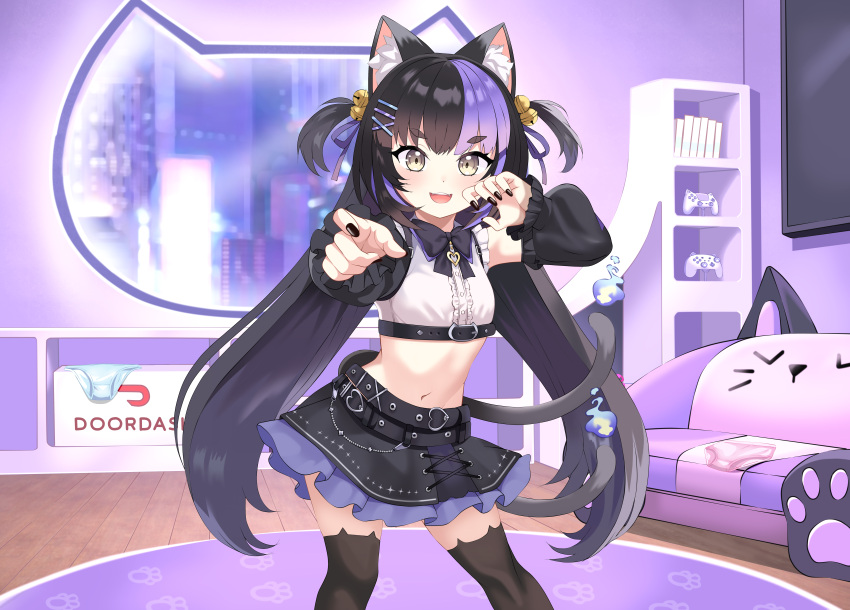 1girl, absurdres, animal_ears, anya_nyabyss, bell, belt, black_hair, black_thighhighs, cat_ears, cat_girl, cat_tail, commentary, commission, detached_sleeves, english_commentary, hair_ornament, highres, jingle_bell, kiniro_tofu, long_hair, multicolored_hair, multiple_tails, navel, paw_pose, phase_connect, skirt, solo, tail, thigh-highs, variant_set, virtual_youtuber