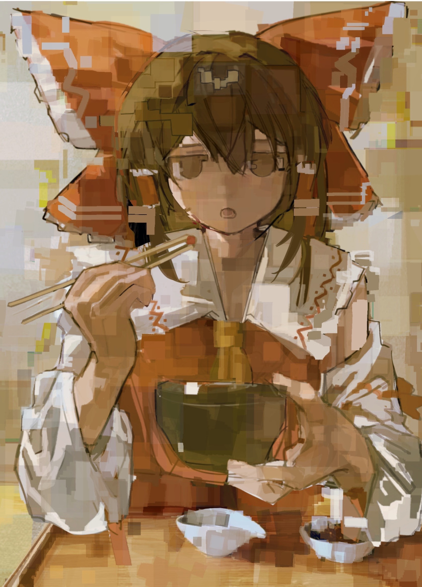 1girl, ascot, blywkissy2, bow, bowl, brown_eyes, brown_hair, chinese_commentary