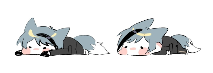 2boys, animal_ears, blue_hair, brothers, chibi, floyd_leech, fox_boy, fox_ears, fox_tail, full_body, jade_leech, jeod_twst, kemonomimi_mode, lying, male_focus, multiple_boys, night_raven_college_school_uniform, on_stomach, school_uniform, short_hair, siblings, simple_background, tail, twins, twisted_wonderland, white_background