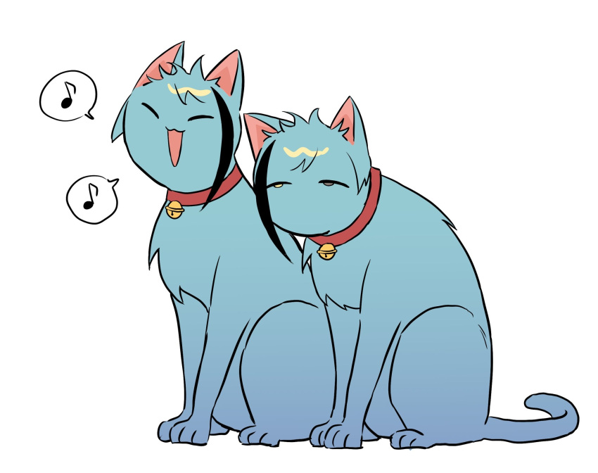 animal, animal_focus, animalization, bell, cat, floyd_leech, full_body, grey_eyes, heterochromia, highres, jade_leech, jeod_twst, musical_note, neck_bell, no_humans, siblings, simple_background, sitting, spoken_musical_note, twins, twisted_wonderland, white_background, yellow_eyes