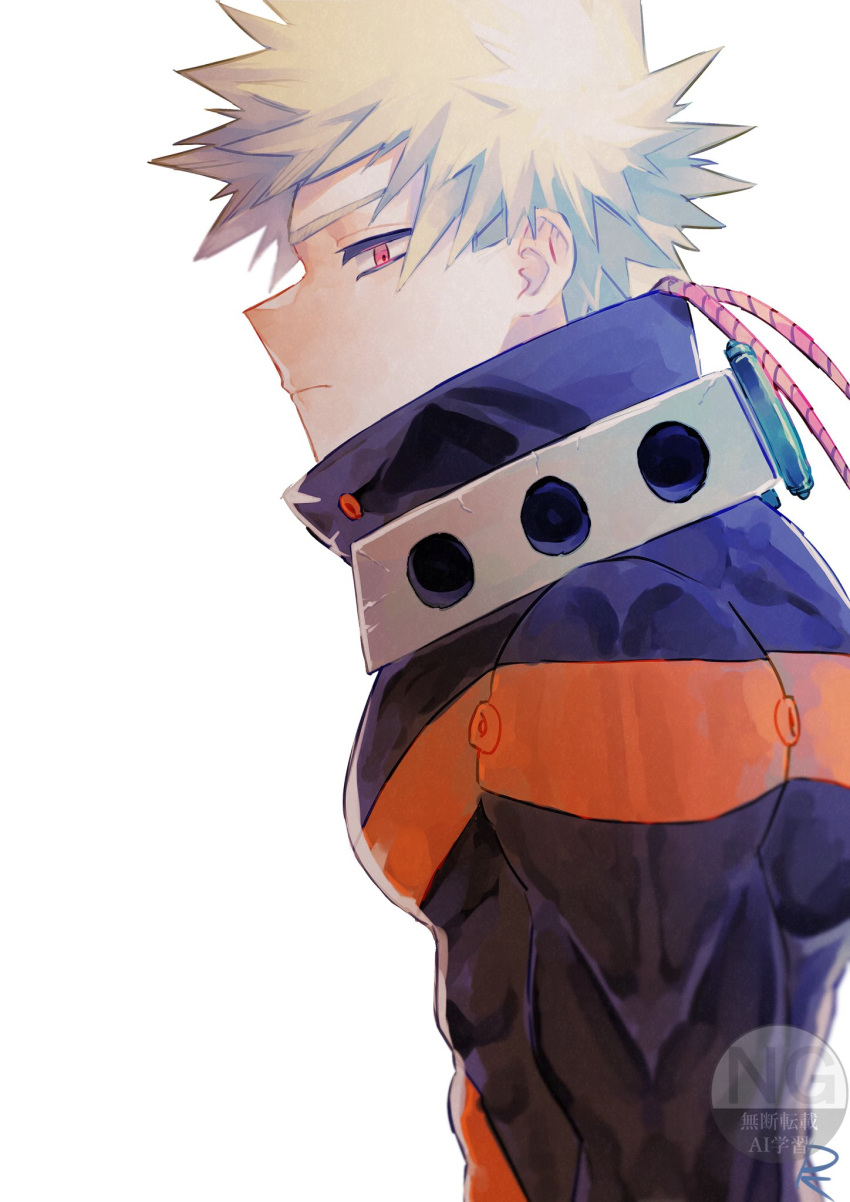1boy, bakugou_katsuki, blonde_hair, boku_no_hero_academia, closed_mouth, collared_shirt, from_side, frown, highres, long_sleeves, looking_at_viewer, male_focus, profile, purana7878, red_eyes, shirt, short_hair, simple_background, solo, spiky_hair, superhero_costume, watermark, white_background