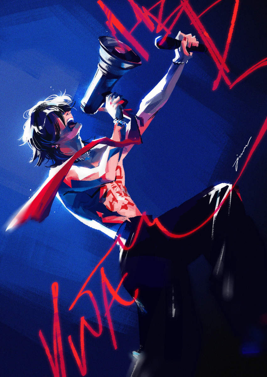 1boy, absurdres, akairingo06, artist_name_(singer), black_hair, black_pants, bracelet, dutch_angle, hair_over_eyes, highres, holding, holding_microphone, holding_speaker, jewelry, male_focus, microphone, nct_(band), open_mouth, pants, profile, real_life, red_nails, short_hair, solo, topless_male, yuta_(nct)