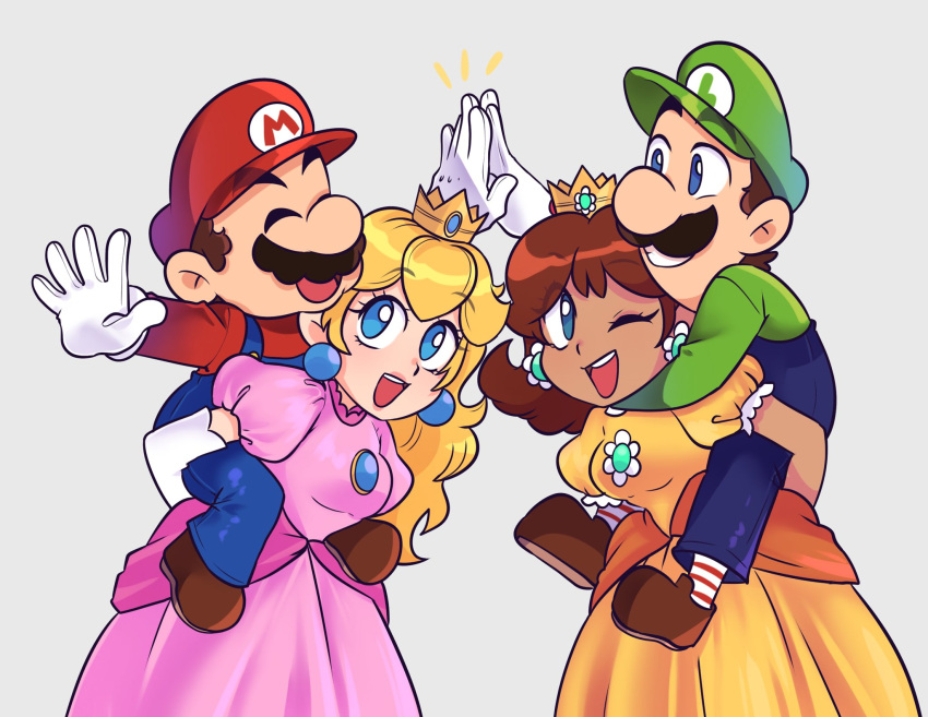2boys, 2girls, arm_around_leg, blonde_hair, blue_eyes, blue_overalls, brown_hair, carolinerdraws