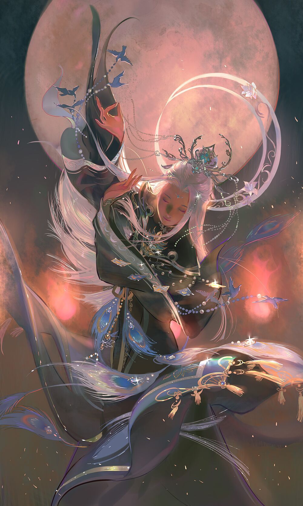 1girl, arm_up, black_hanfu, chinese_clothes, chinese_commentary, chinese_hairpin, closed_eyes, closed_mouth