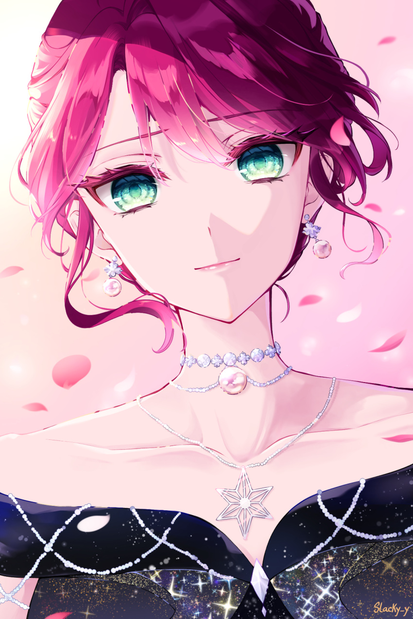 1girl, closed_mouth, commentary, earrings, eyelashes, gradient_background, green_eyes, head_tilt
