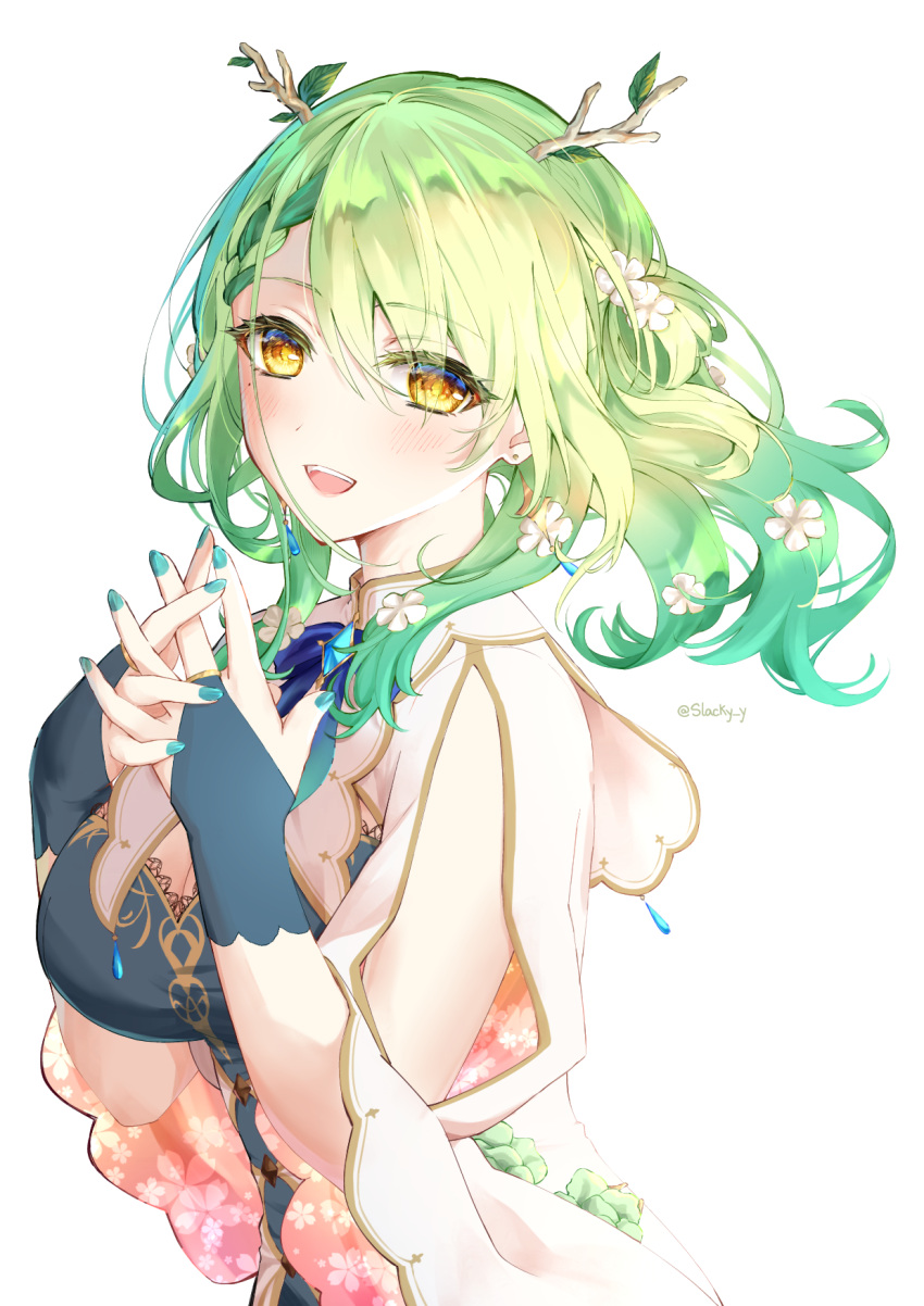 1girl, :d, aqua_nails, blush, braid, breasts, bridal_gauntlets, brown_eyes