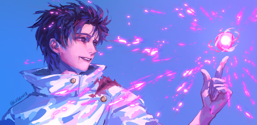 1boy, absurdres, black_hair, blood, blood_on_face, blue_background, buttons, commentary_request