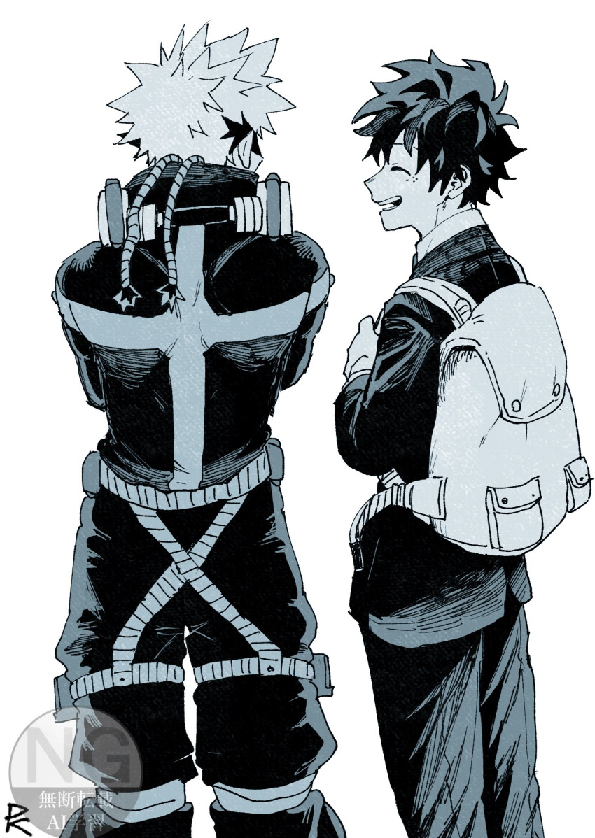 2boys, arms_up, backpack, bag, bakugou_katsuki, belt, boku_no_hero_academia, closed_eyes