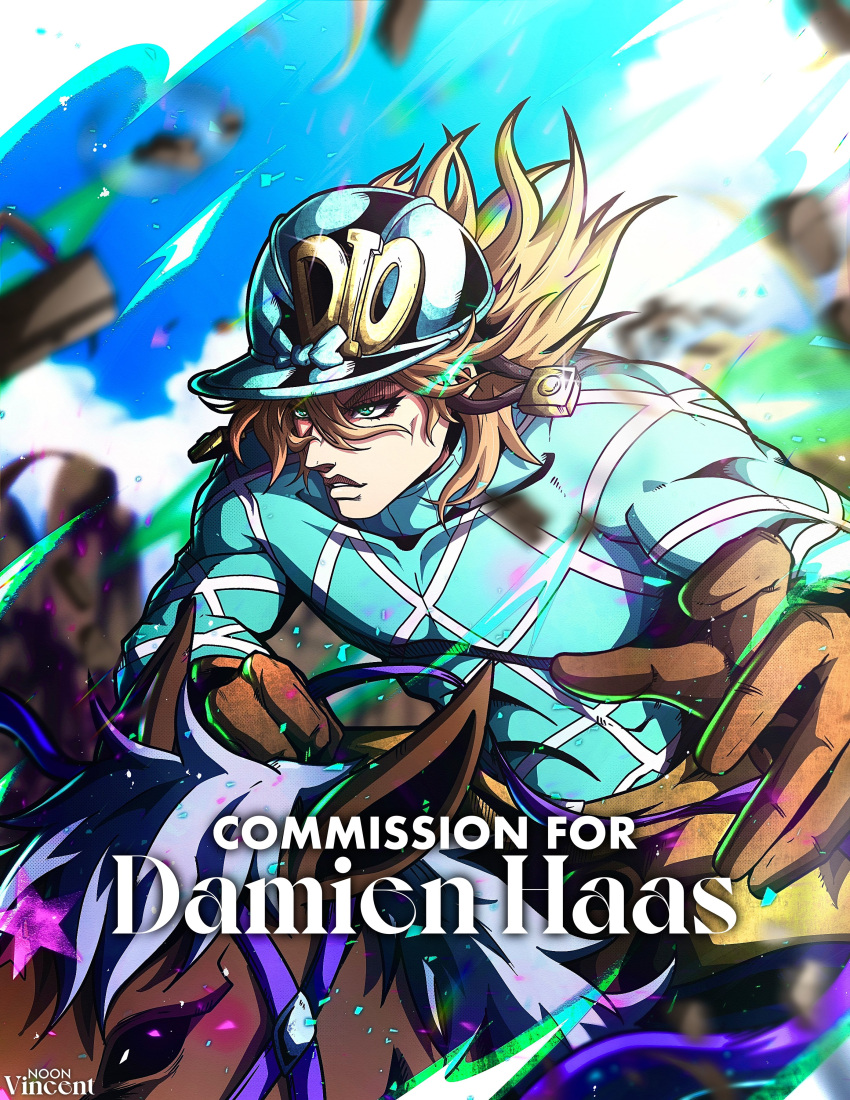 1boy, absurdres, aqua_eyes, aqua_helmet, aqua_sweater, argyle_clothes, argyle_sweater, artist_name